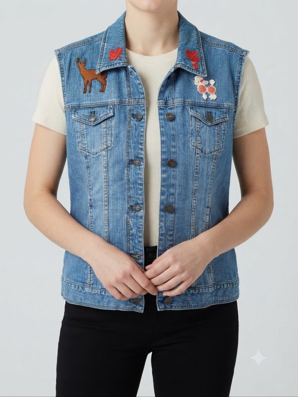 Custom Reworked Vintage Eddie Bauer Denim Vest XXL Patches Poodle Y2K